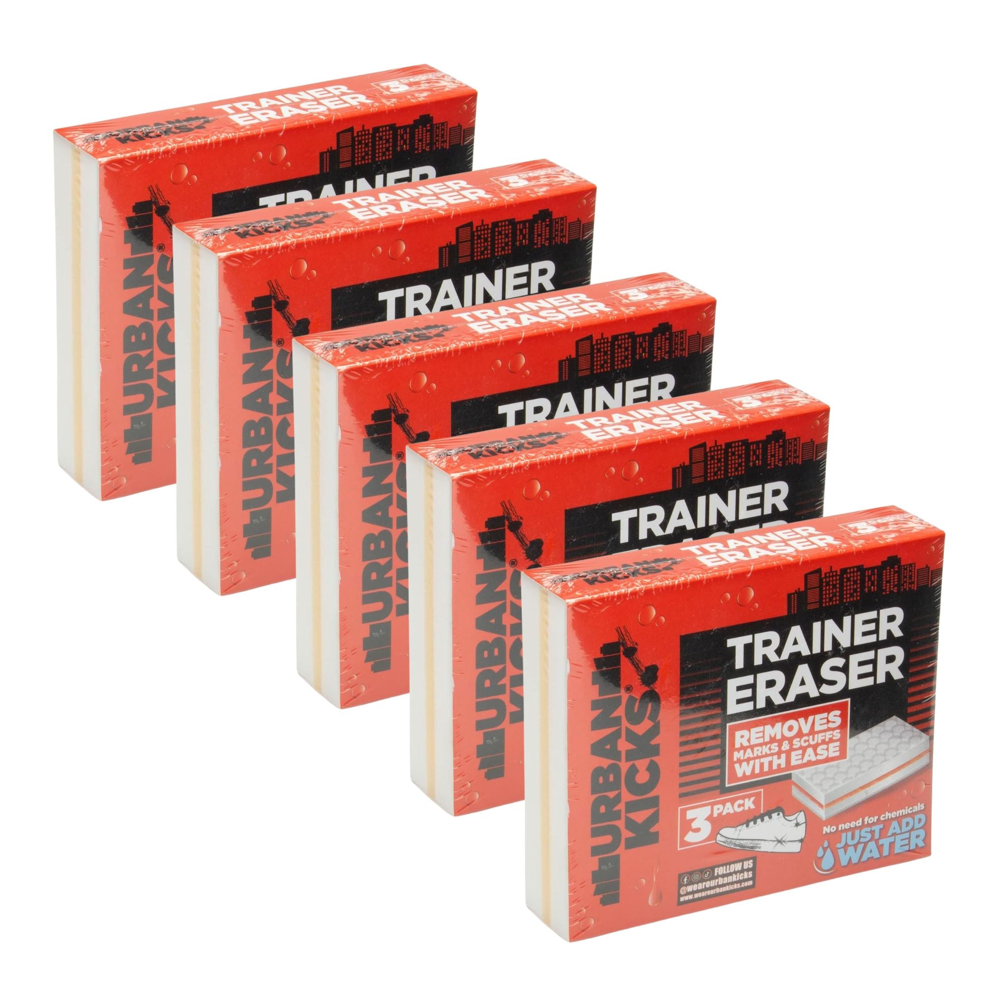 Five boxes of Urban Kicks Trainer Eraser on a white background