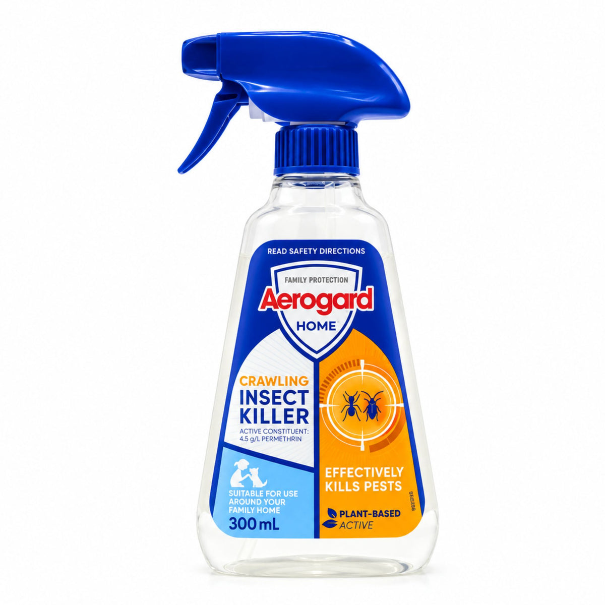 A 300 mL spray bottle of Aerogard Home Crawling Insect Killer, featuring a blue trigger sprayer and a blue and orange label on a white background.