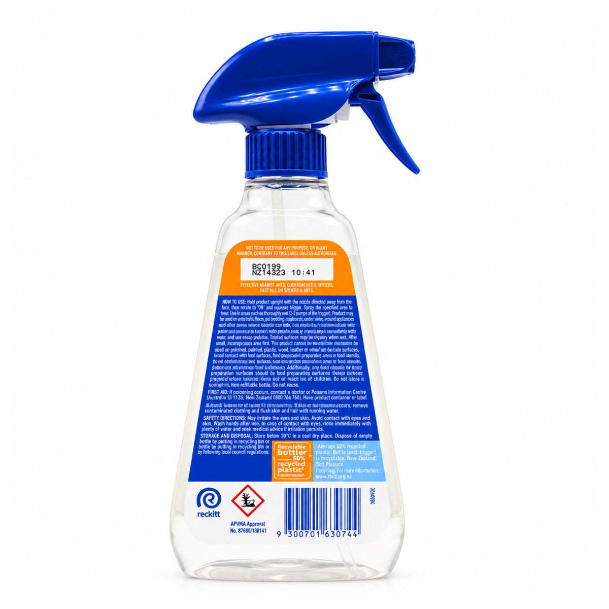 A clear plastic spray bottle with a blue trigger sprayer and a blue-and-orange label, photographed on a white background.