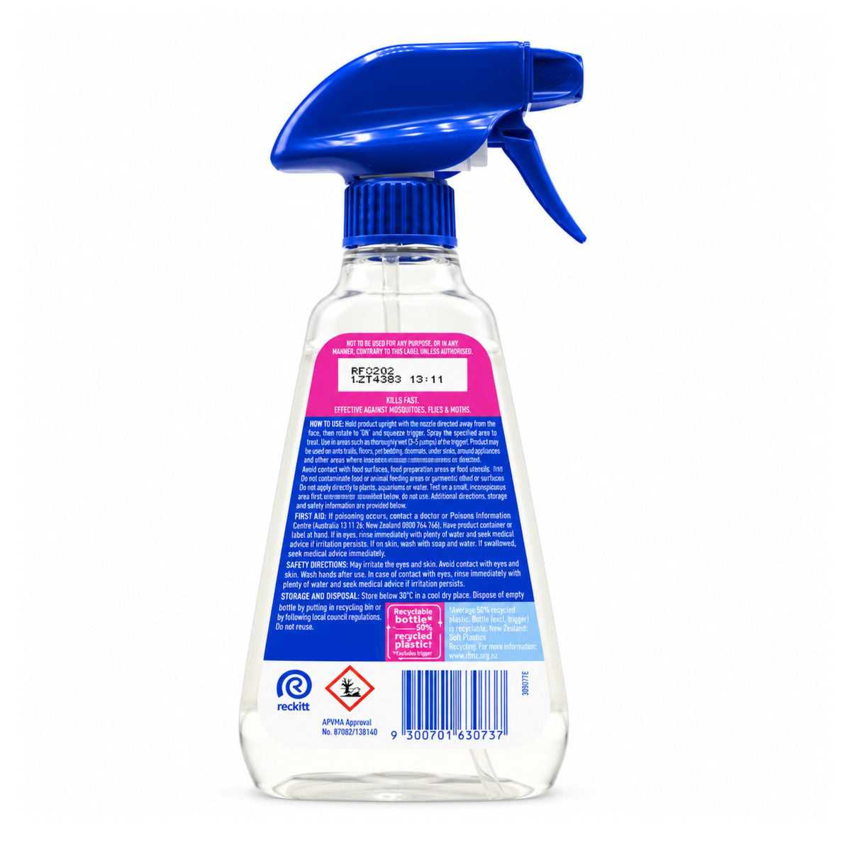 A clear plastic spray bottle with a blue trigger sprayer and a blue-and-orange label, photographed on a white background.