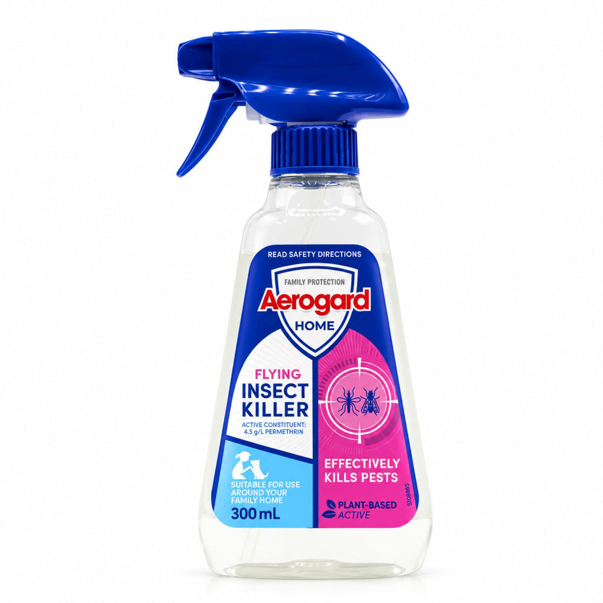 A 300 mL spray bottle of Aerogard Home Flying Insect Killer, featuring a clear bottle, blue trigger spray top, and a blue, white, and pink label.
