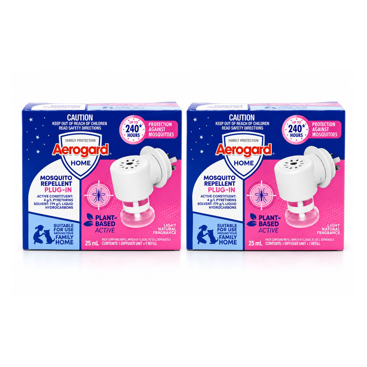 Two boxes of Aerogard Home Mosquito Repellent Plug-In, 25 mL, shown side by side on a white background.
