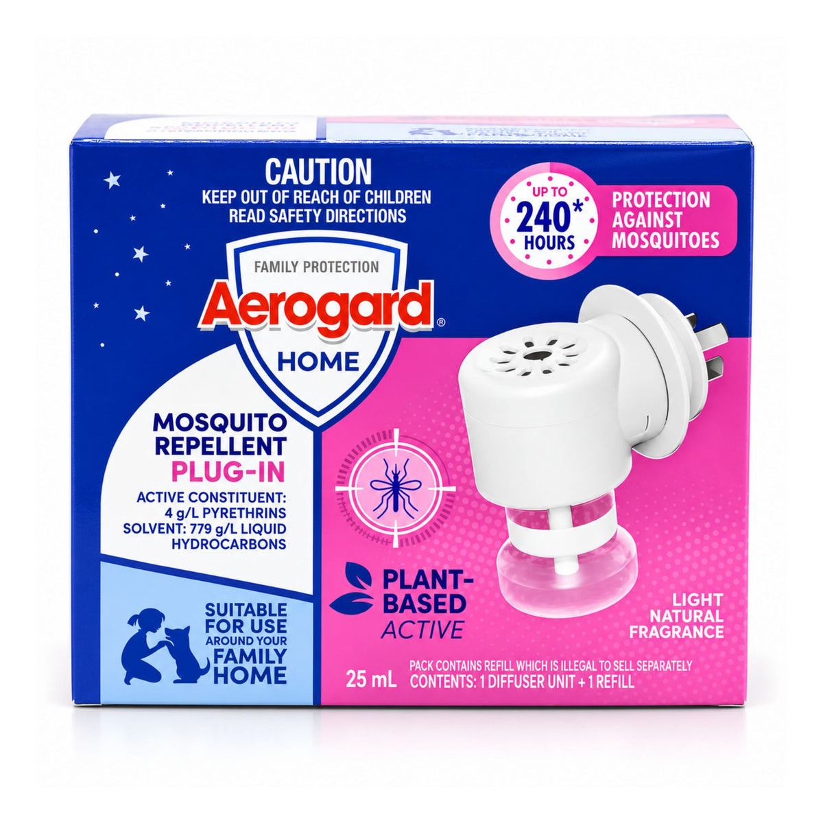 A box of Aerogard Home mosquito repellent plug-in, showing the retail packaging with a blue and pink design and an illustration of the white plug-in device.