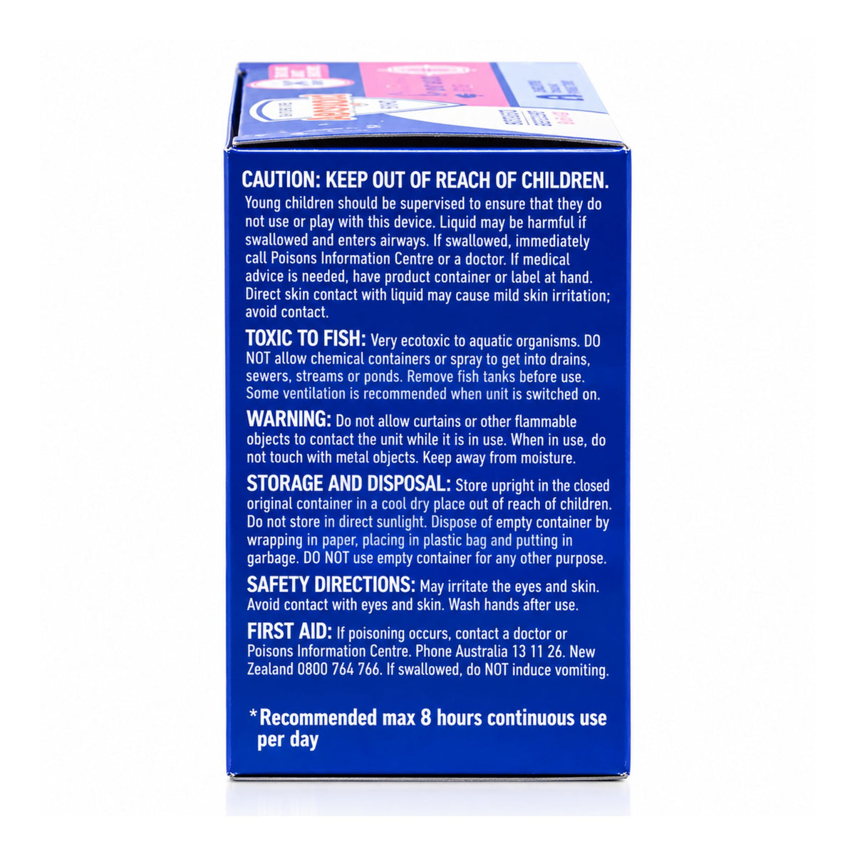 The back of a blue rectangular product box with white text, showing safety and disposal instructions, photographed on a white background.