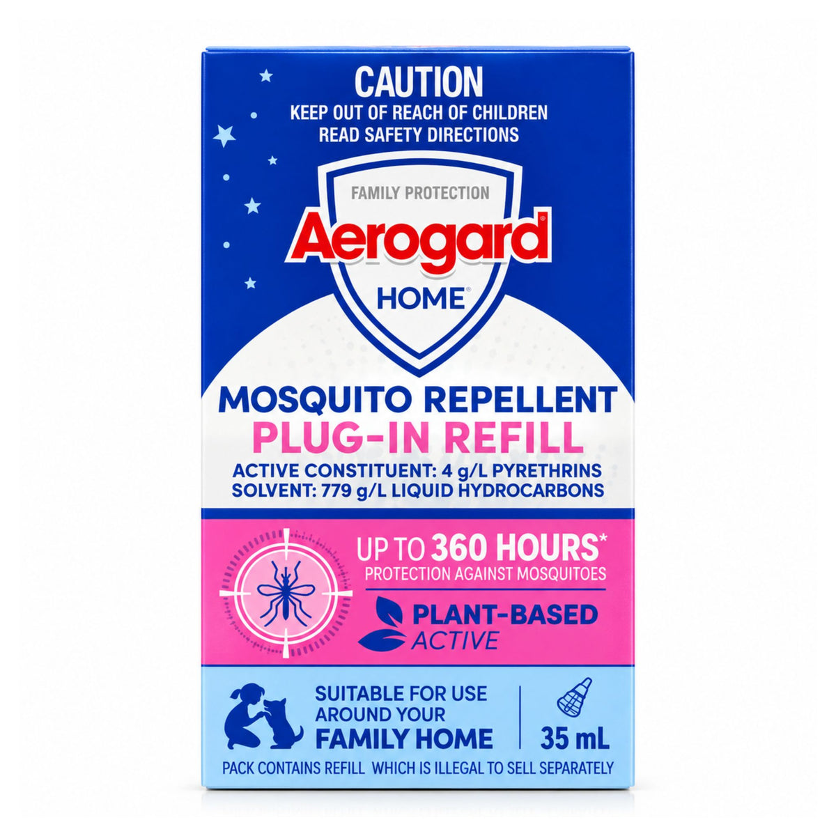 A box of Aerogard Home Mosquito Repellent Plug-In Refill, 35 mL, featuring a blue, white, and pink design with product details and safety instructions.