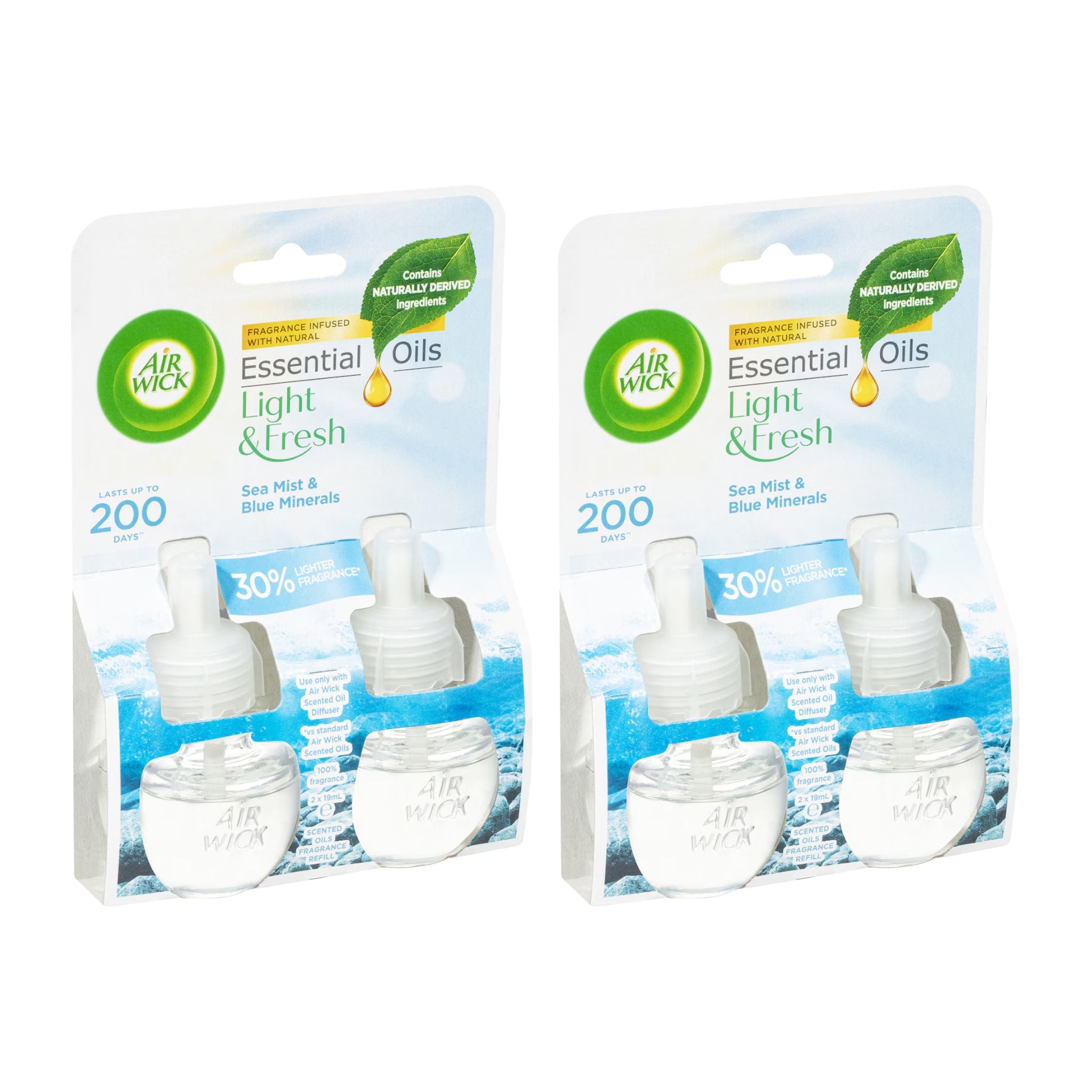 Two packages of Air Wick Essential Oils Light & Fresh on a white background