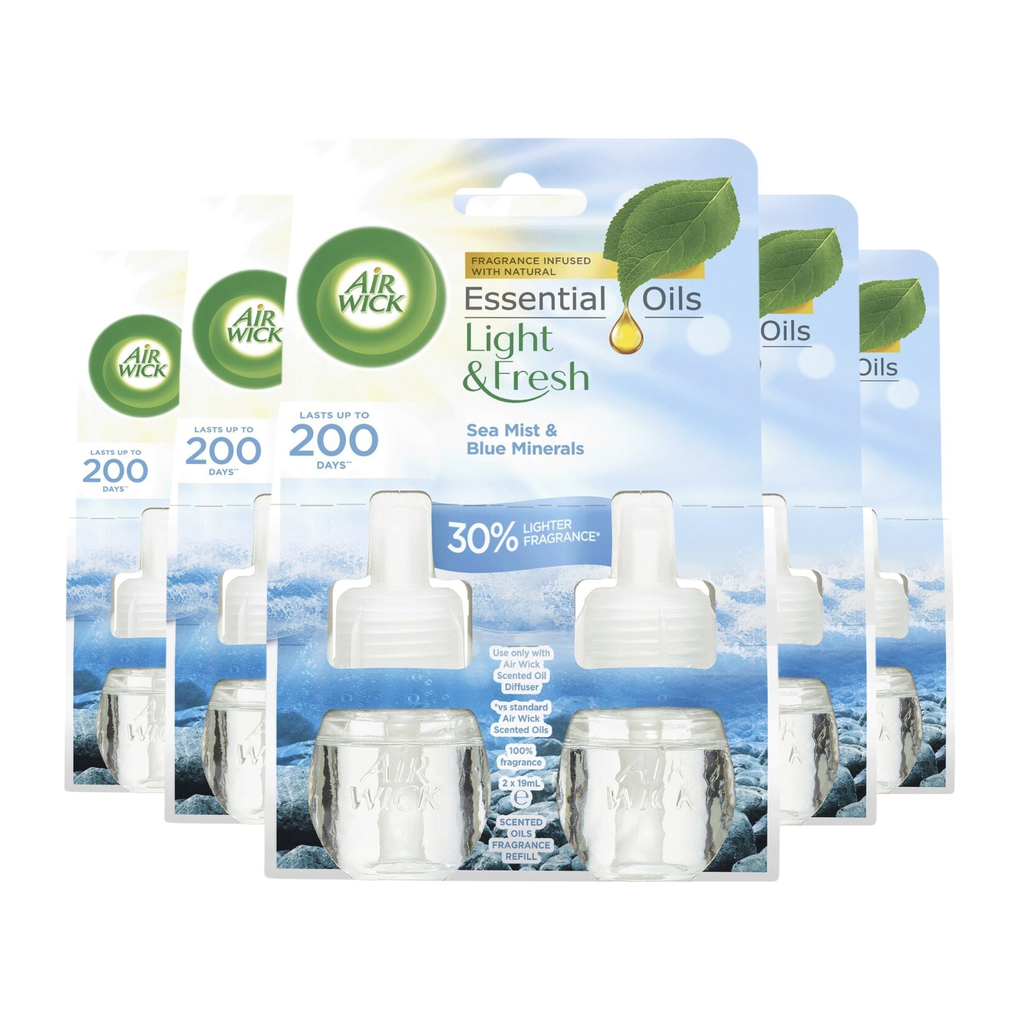Air Wick Essential Light & Fresh oils packaging with blue and green design.