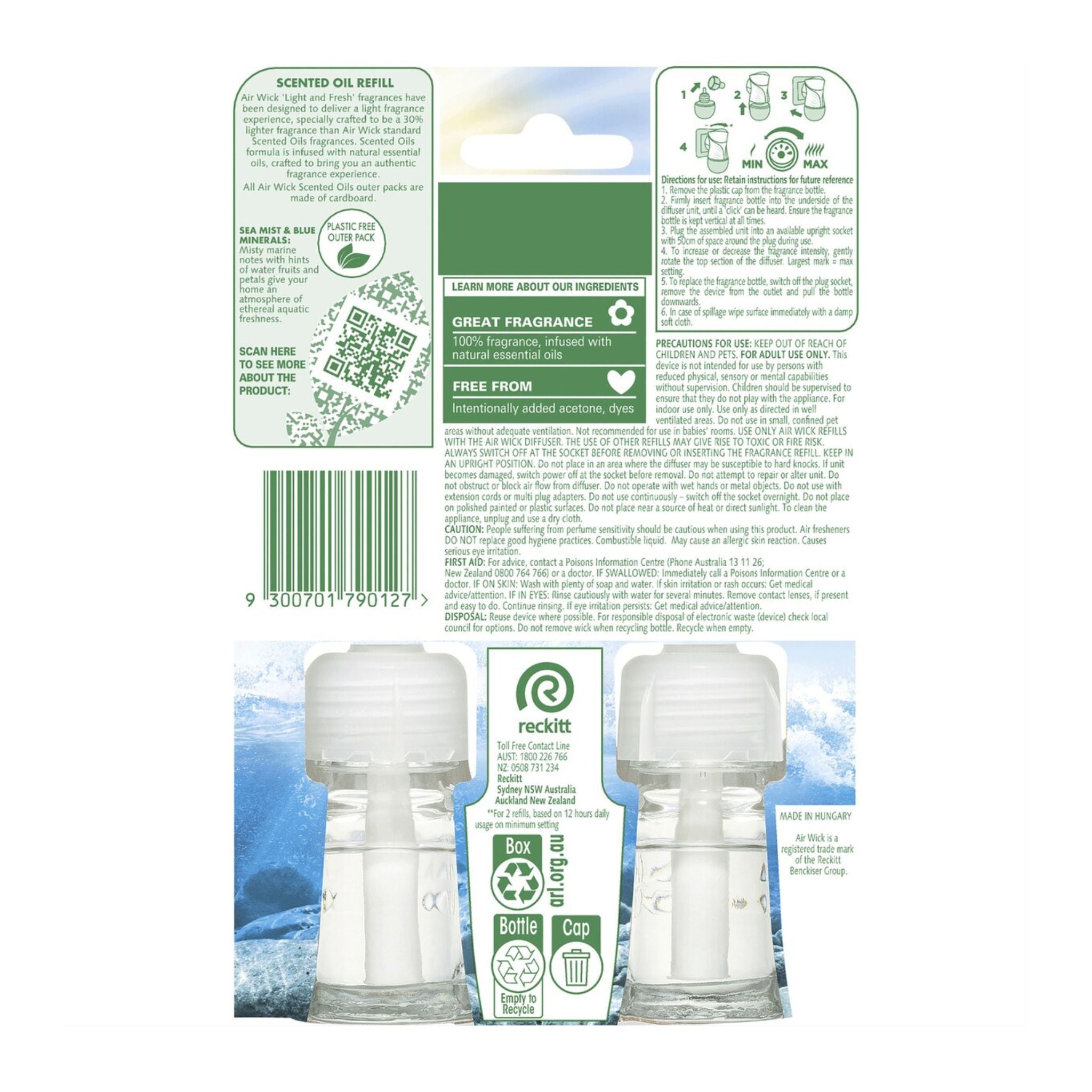 Reckitt Benckiser air freshener refill packaging with branding and product details.