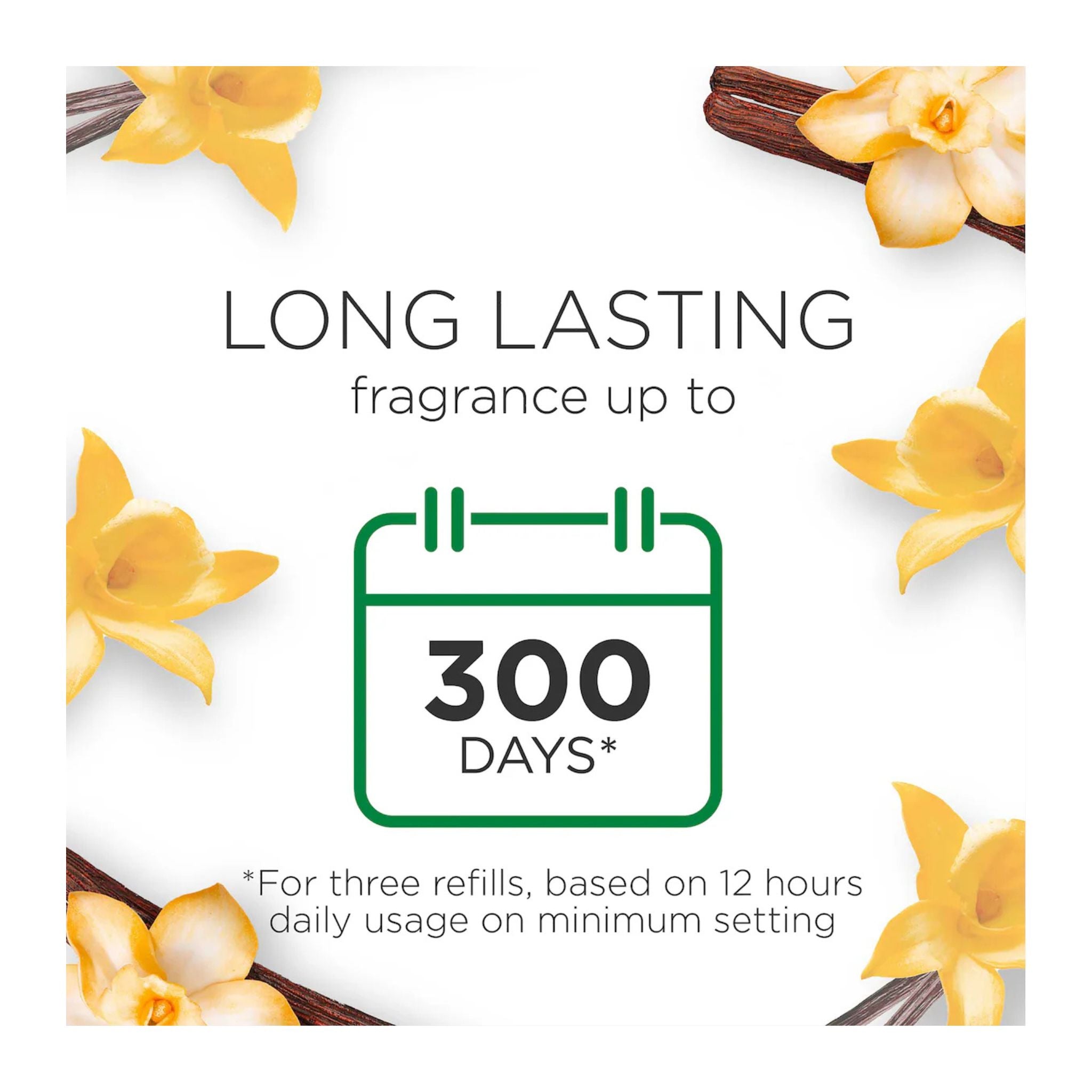 Product packaging with vanilla beans and flowers, highlighting a long-lasting fragrance claim.