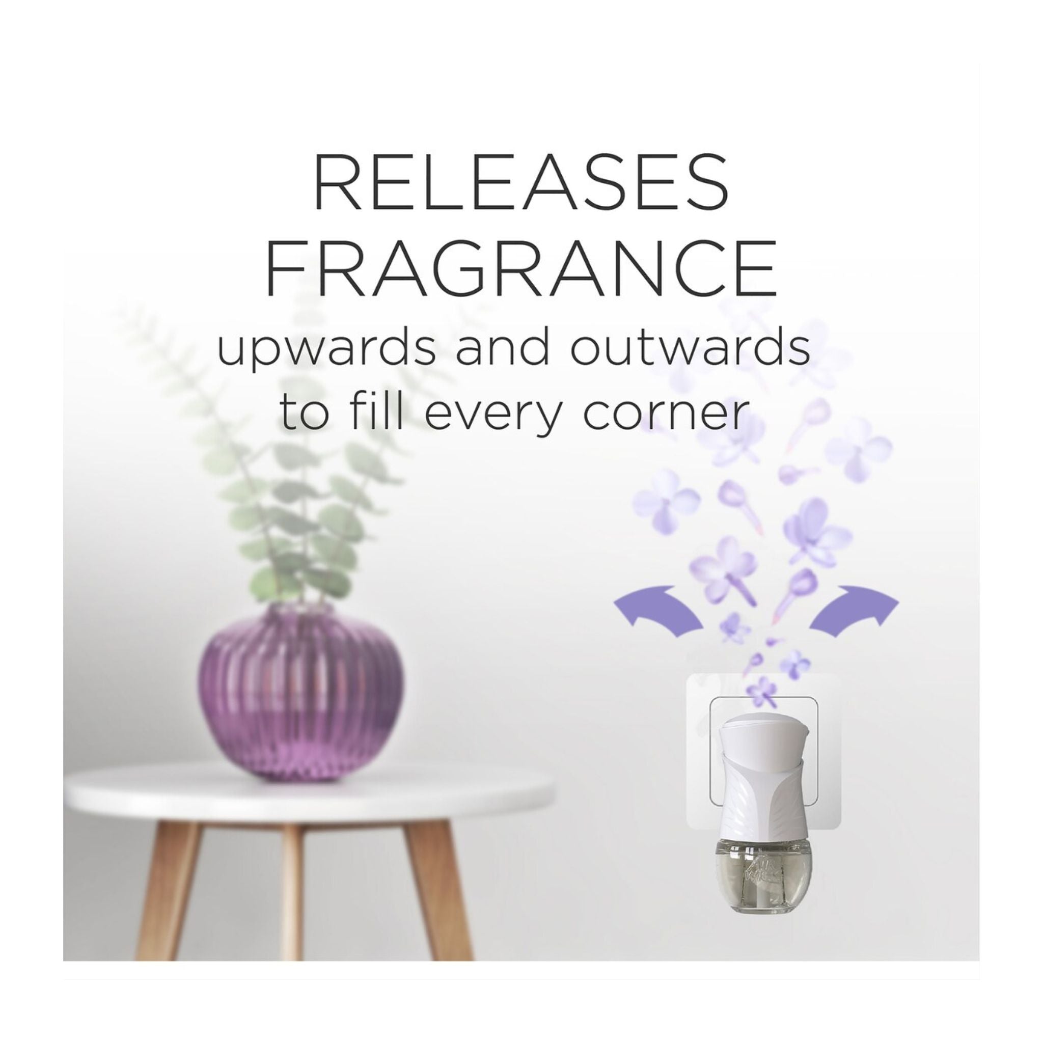Fragrance diffuser releasing fragrance with a plant and small table in the background