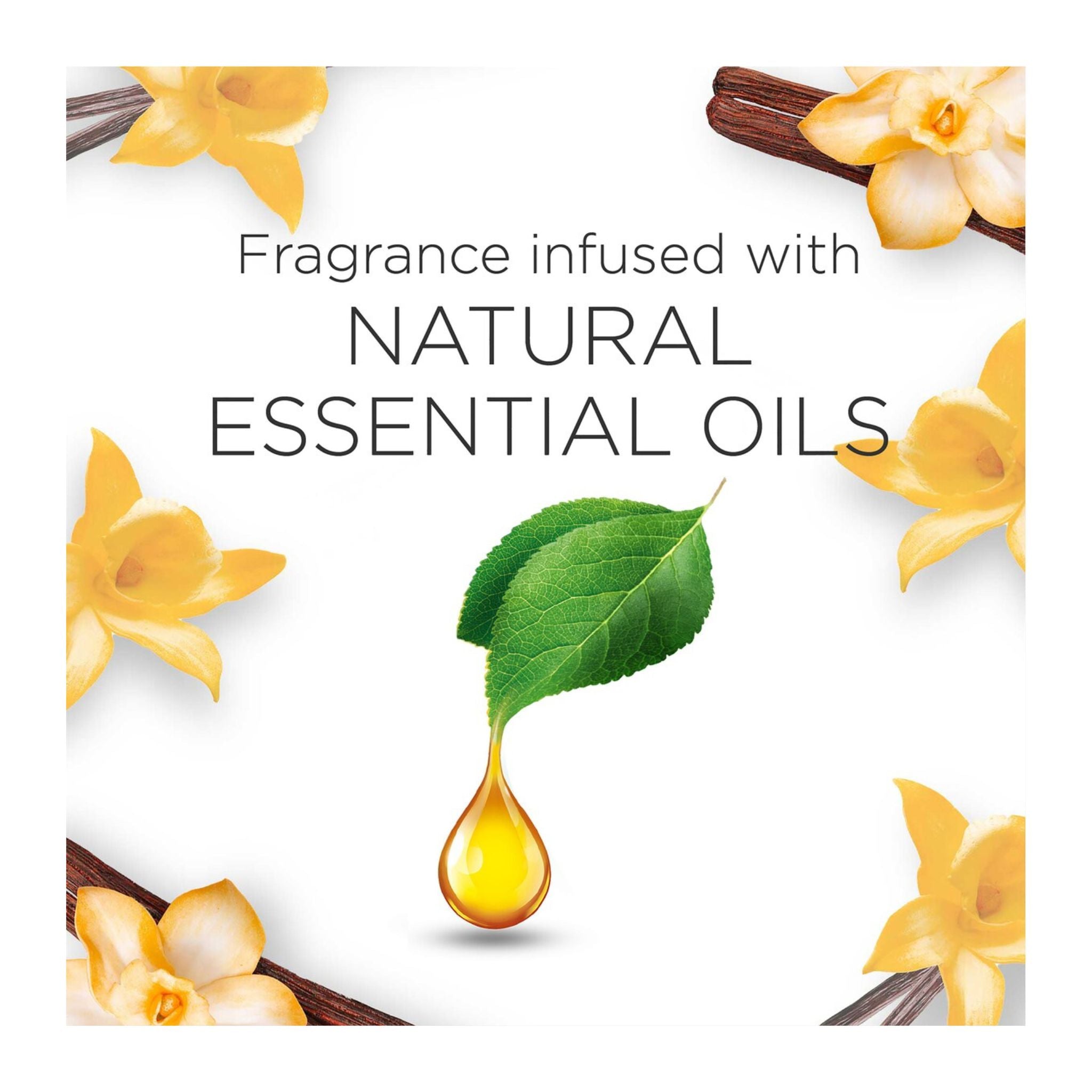 Advertisement for fragrance infused with natural essential oils featuring flowers and a leaf droplet.