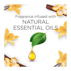 Advertisement for fragrance infused with natural essential oils featuring flowers and a leaf droplet.