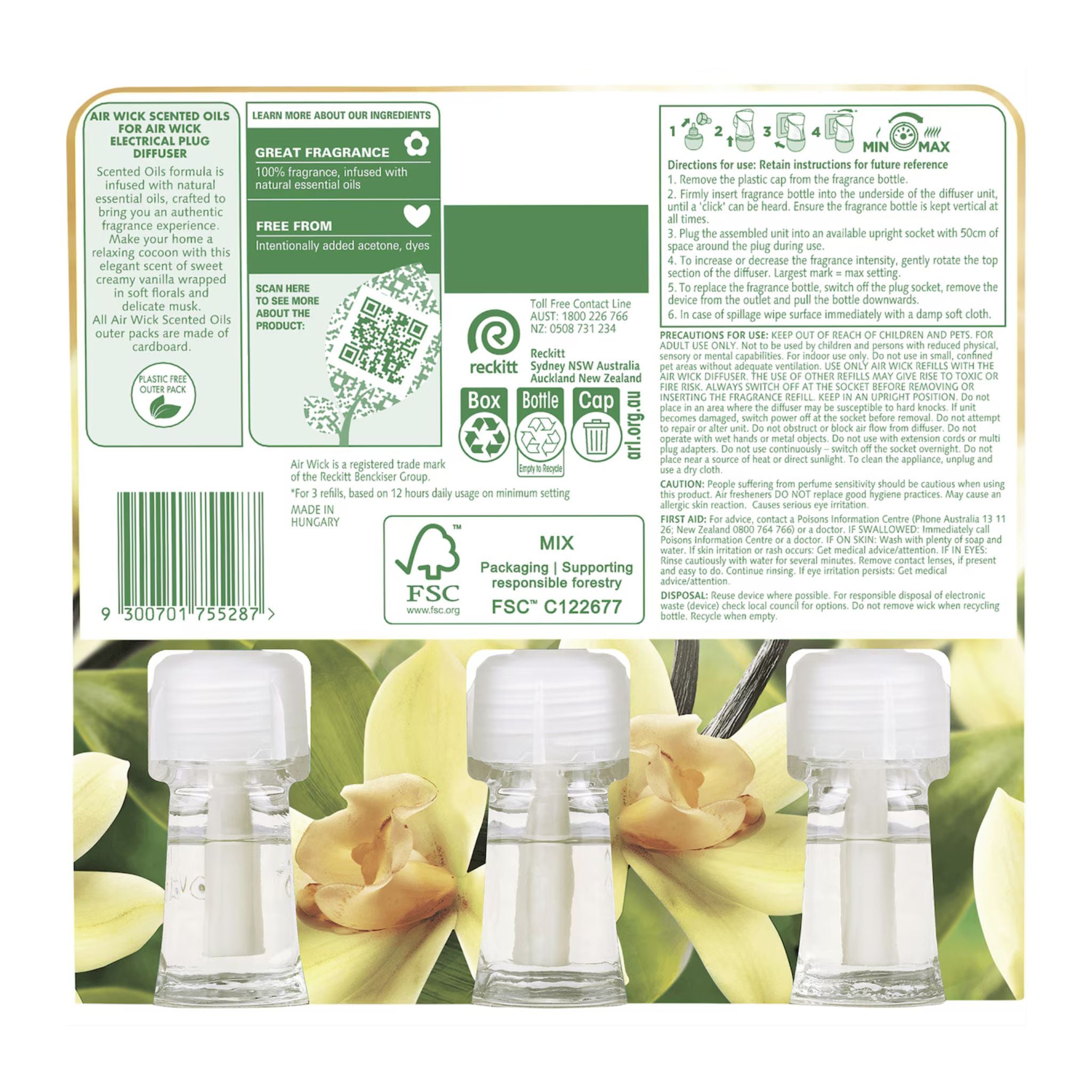 Product packaging with three clear bottles and floral design on a label.