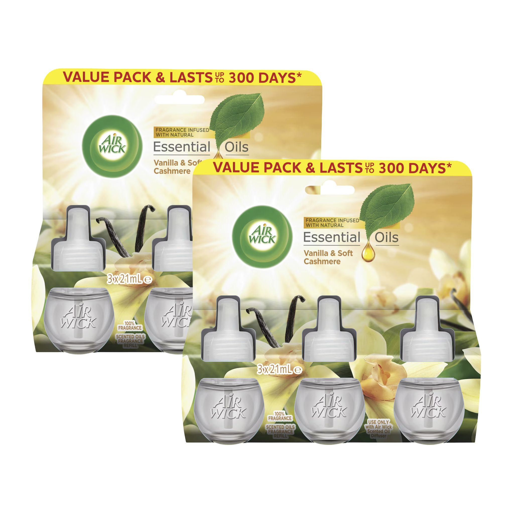 Two packages of Air Wick essential oils with vanilla and cashmere scents on a white background.