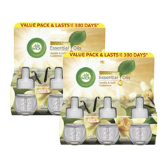 Two packages of Air Wick essential oils with vanilla and cashmere scents on a white background.