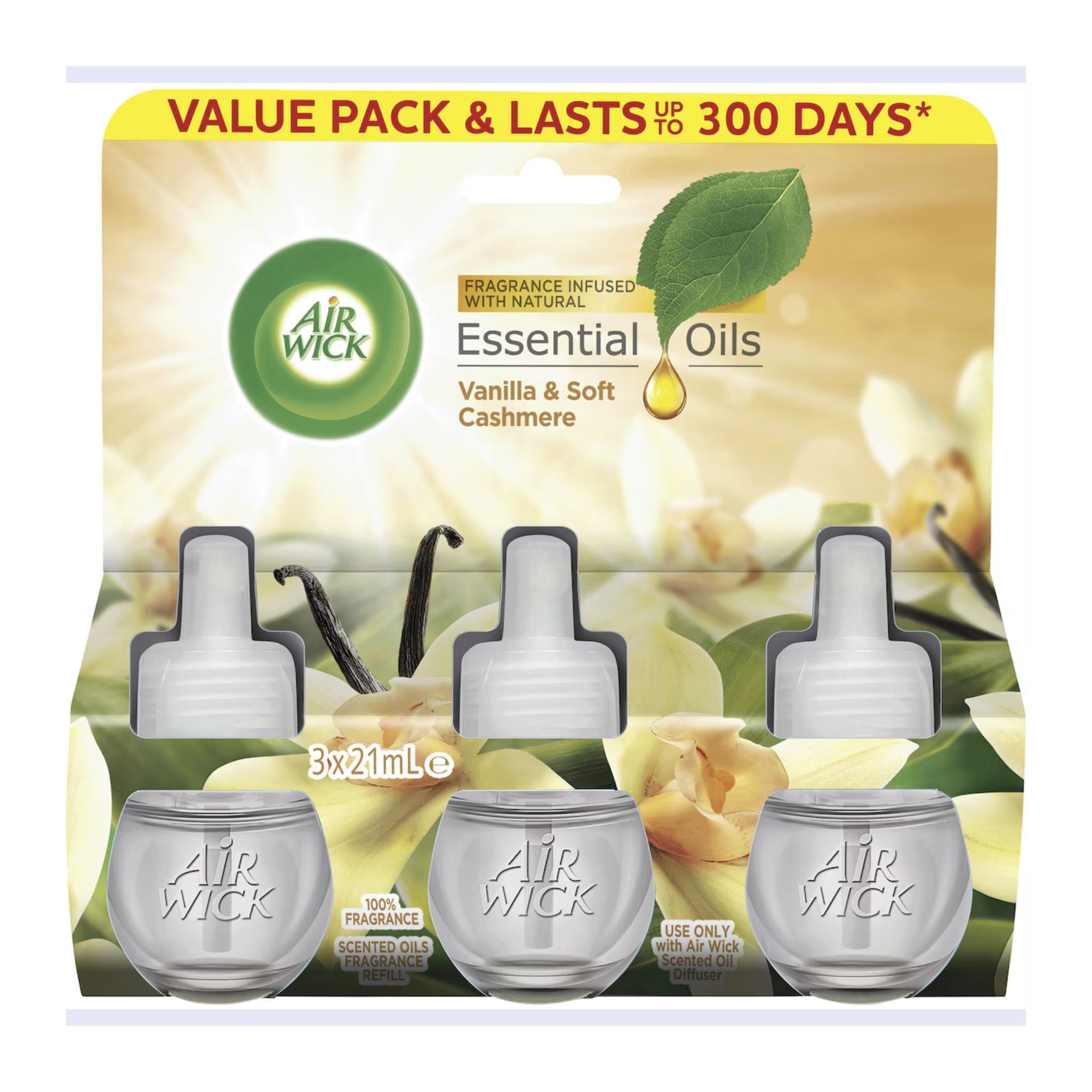 Air Wick essential oils packaging with vanilla and soft cashmere fragrance.