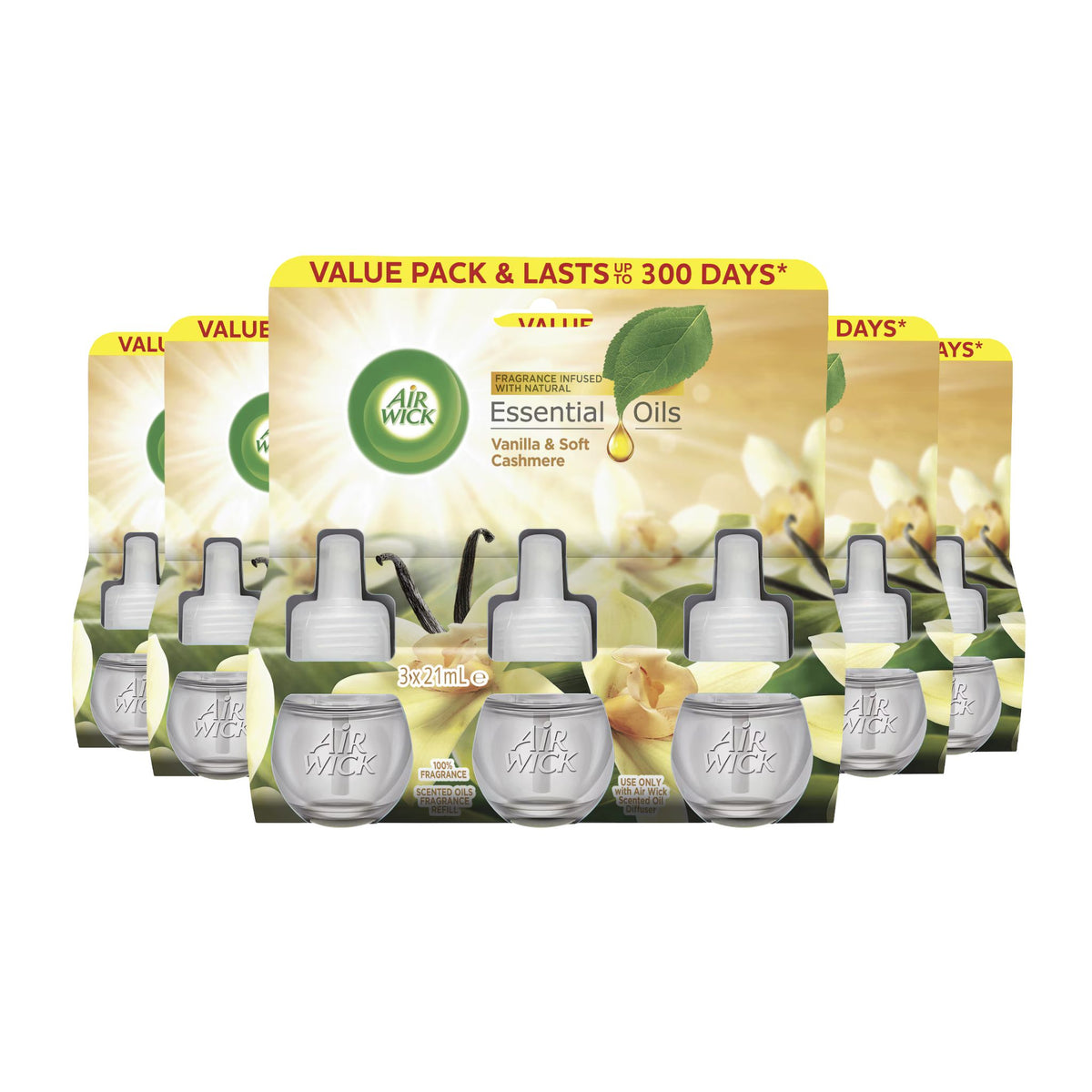 Air Wick essential oils packaging with vanilla and cashmere scents on a white background