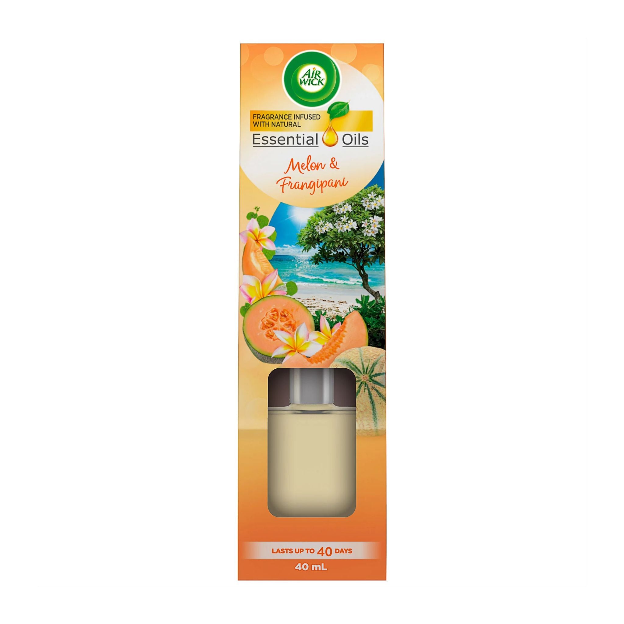 Air freshener packaging with melon and frangipani design on a white background