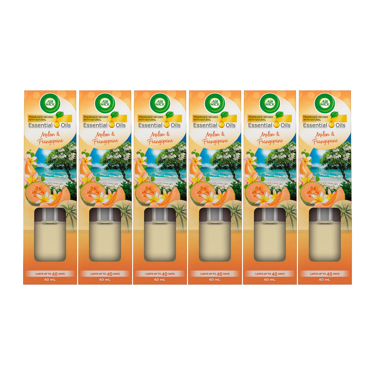 Pack of Air Wick essential oils with apricot and frangipani design on a white background