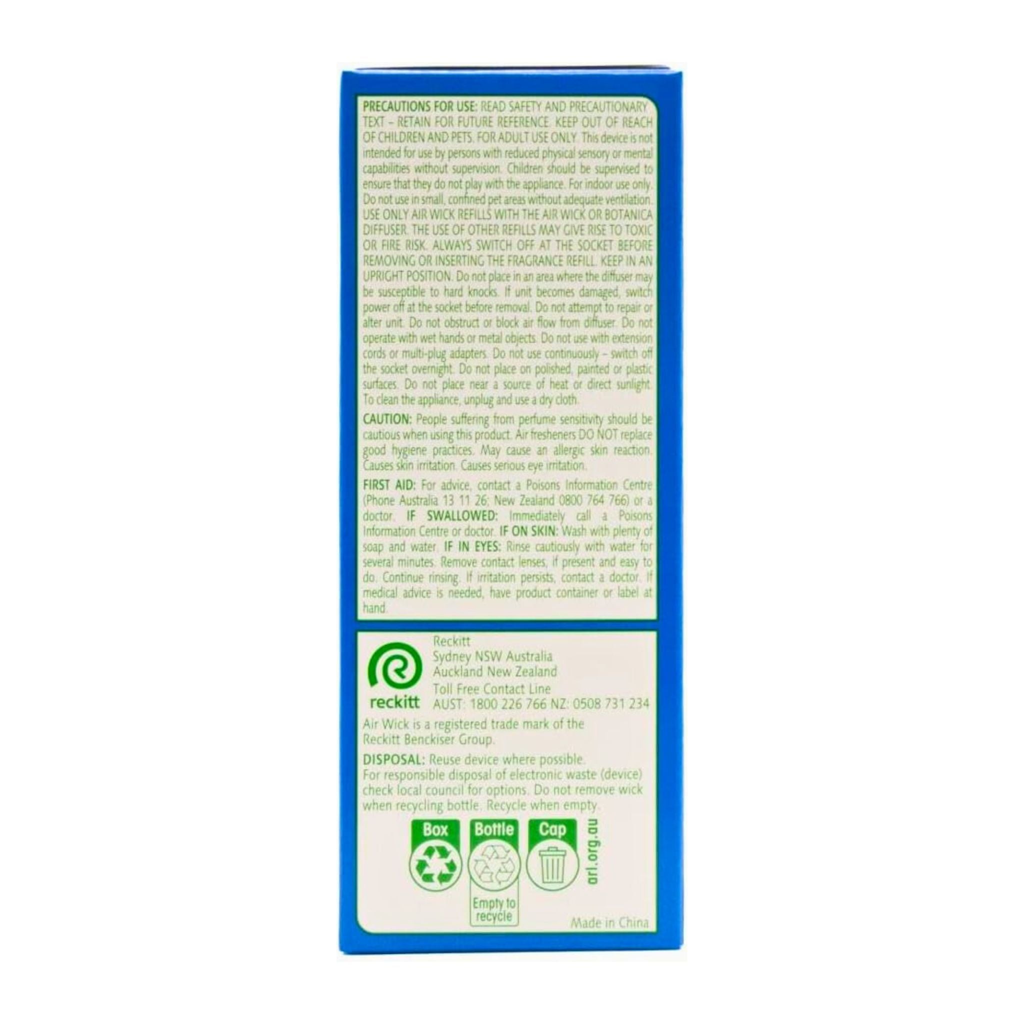Back of a product packaging with text and recycling symbols on a white background