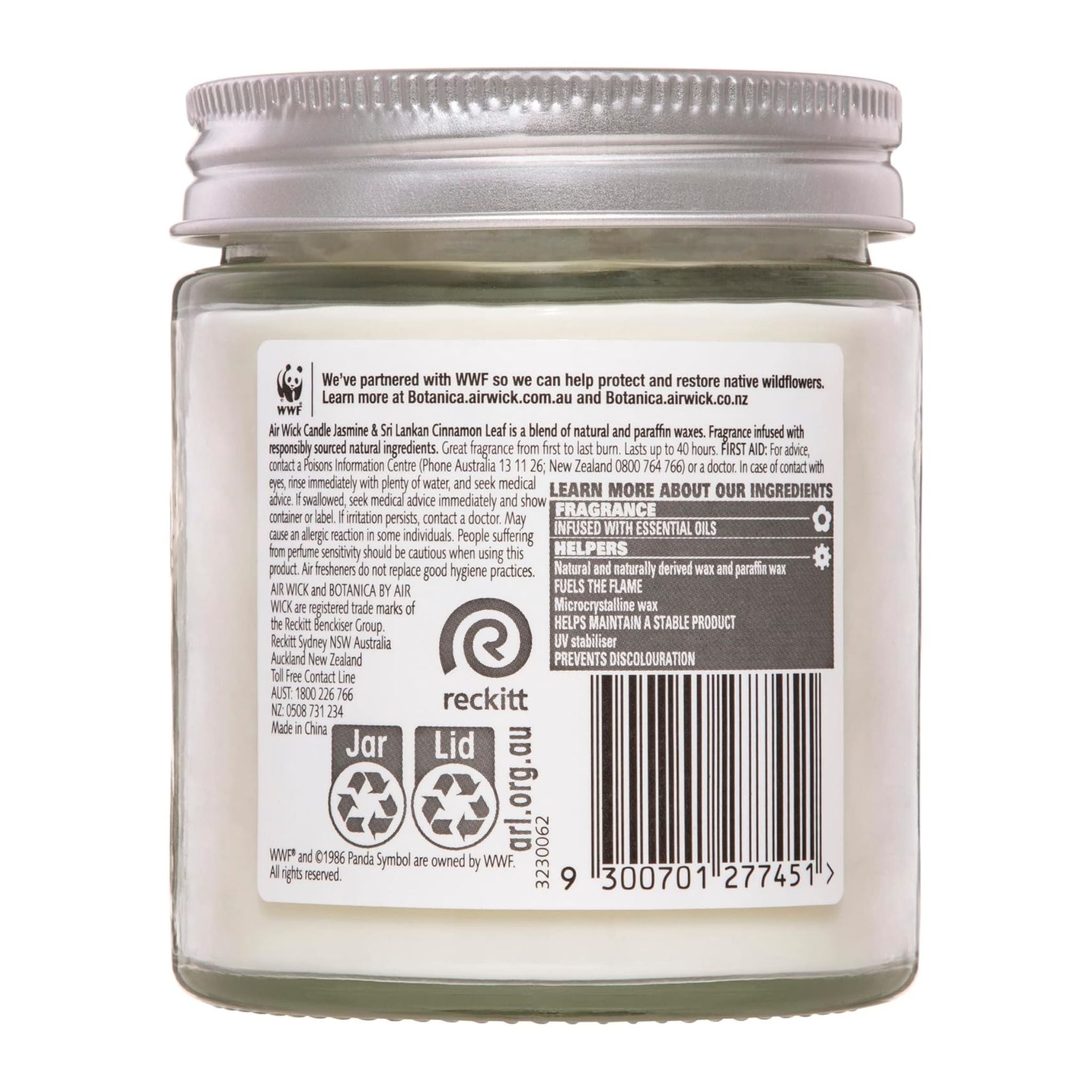 Back label of a jar with branding and product information on a white background