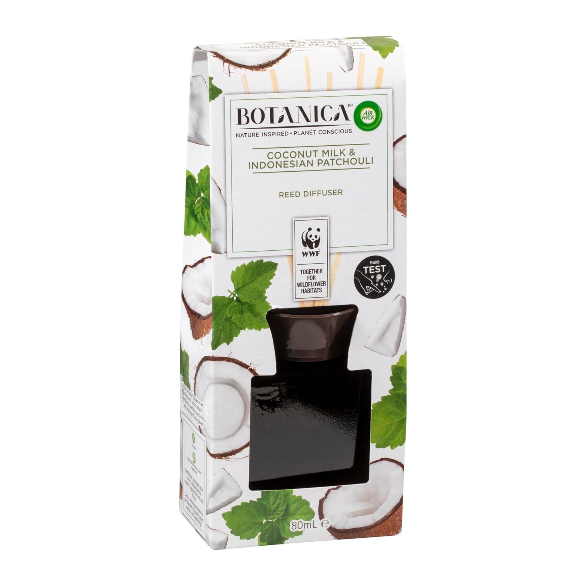Botanica coconut milk and Indonesian patchouli reed diffuser packaging on a white background