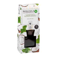 Botanica coconut milk and Indonesian patchouli reed diffuser packaging on a white background