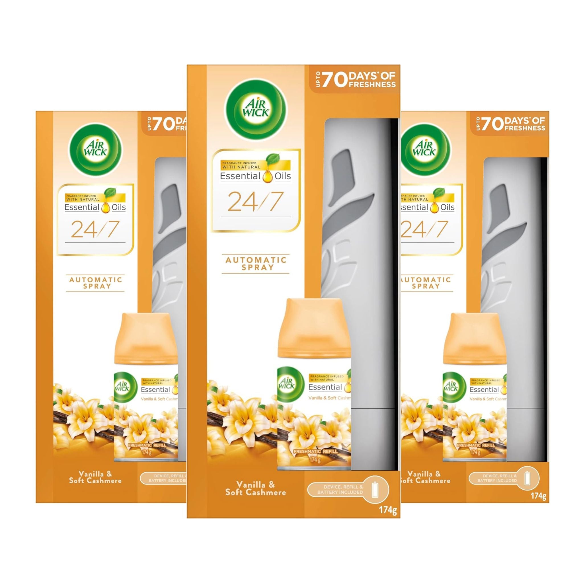Three packages of Air Wick 24/7 Automatic Spray with Vanilla & Soft Cashmere scent on a white background.