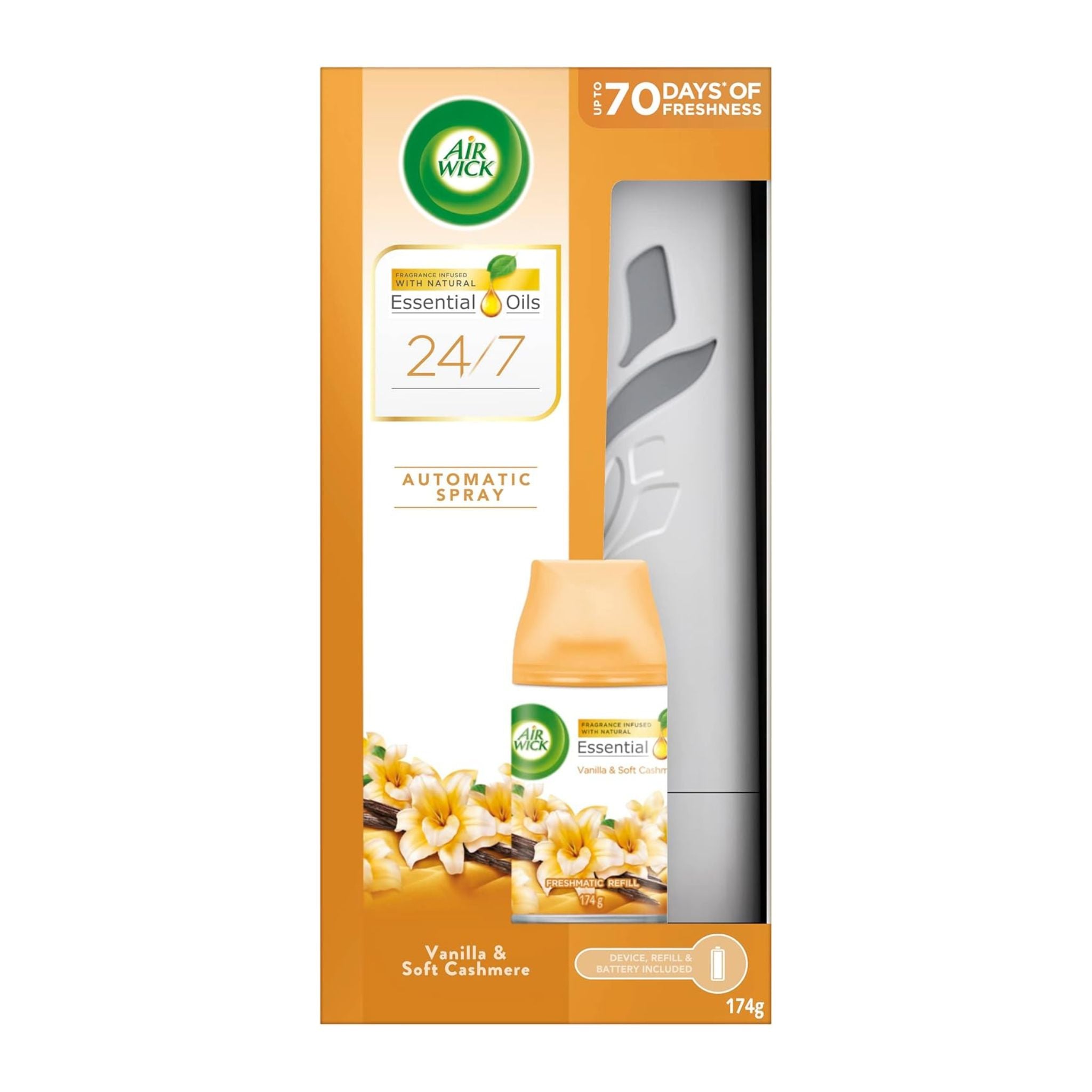 Air Wick 24/7 automatic spray packaging with vanilla and soft caramel scent on a white background