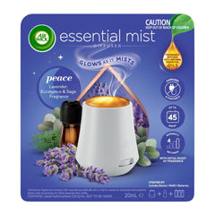 Air Wick essential mist diffuser packaging with product image and features on a blue background
