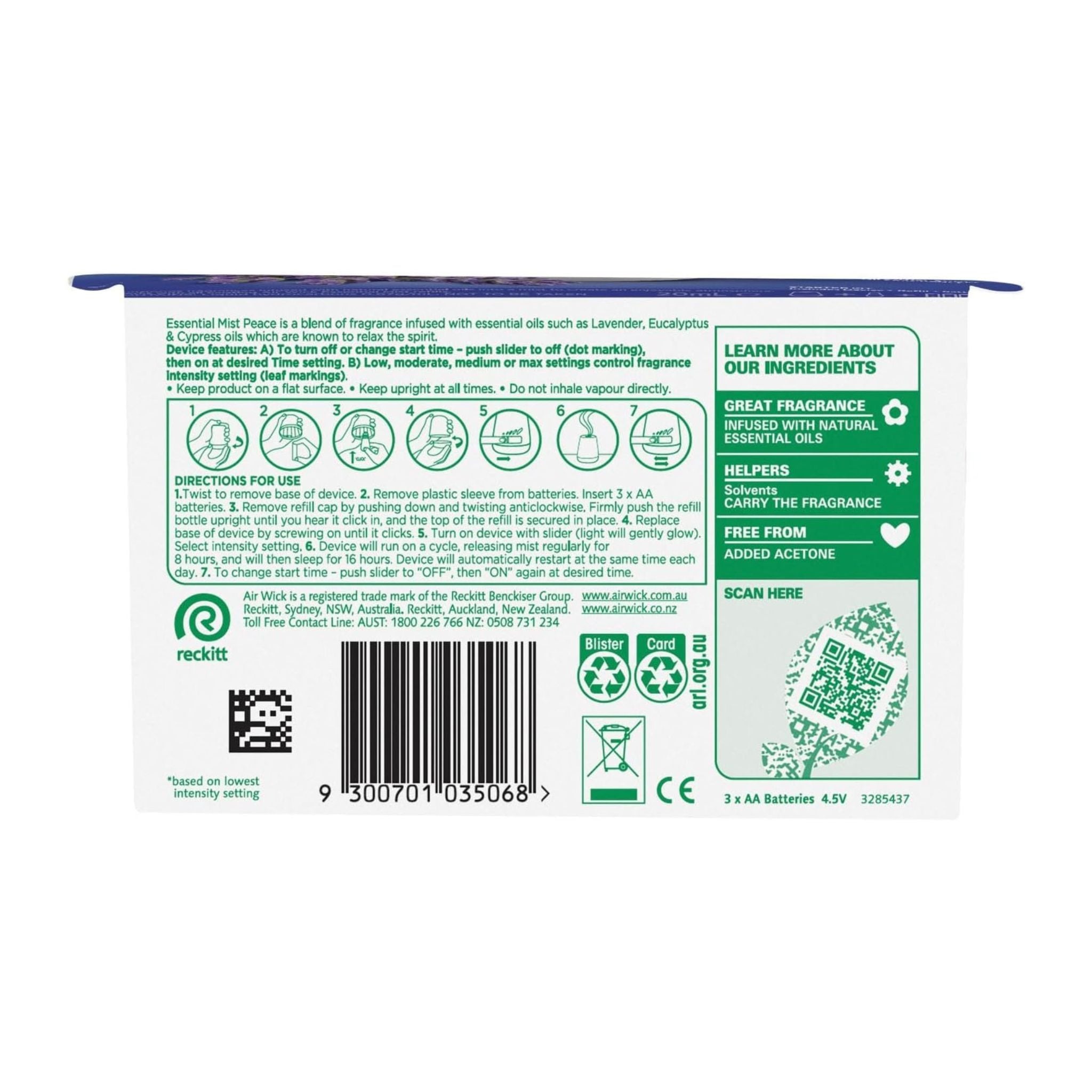 Back of a product packaging with text, icons, and a barcode on a white background