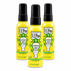 Three bottles of V.I.Poo Lemon Idol toilet spray on a white background