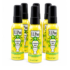 Three bottles of V.I.Poo Lemon Idol toilet spray on a white background 6 pack