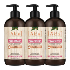 Three bottles of A'kin Moisture Rich Hand Wash on a white background