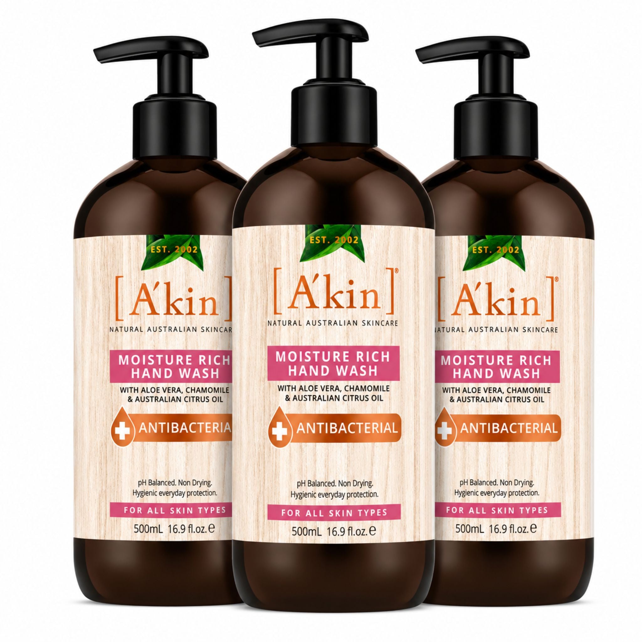 A'kin Moisture Rich Antibacterial Hand Wash 500mL Pack of 3
