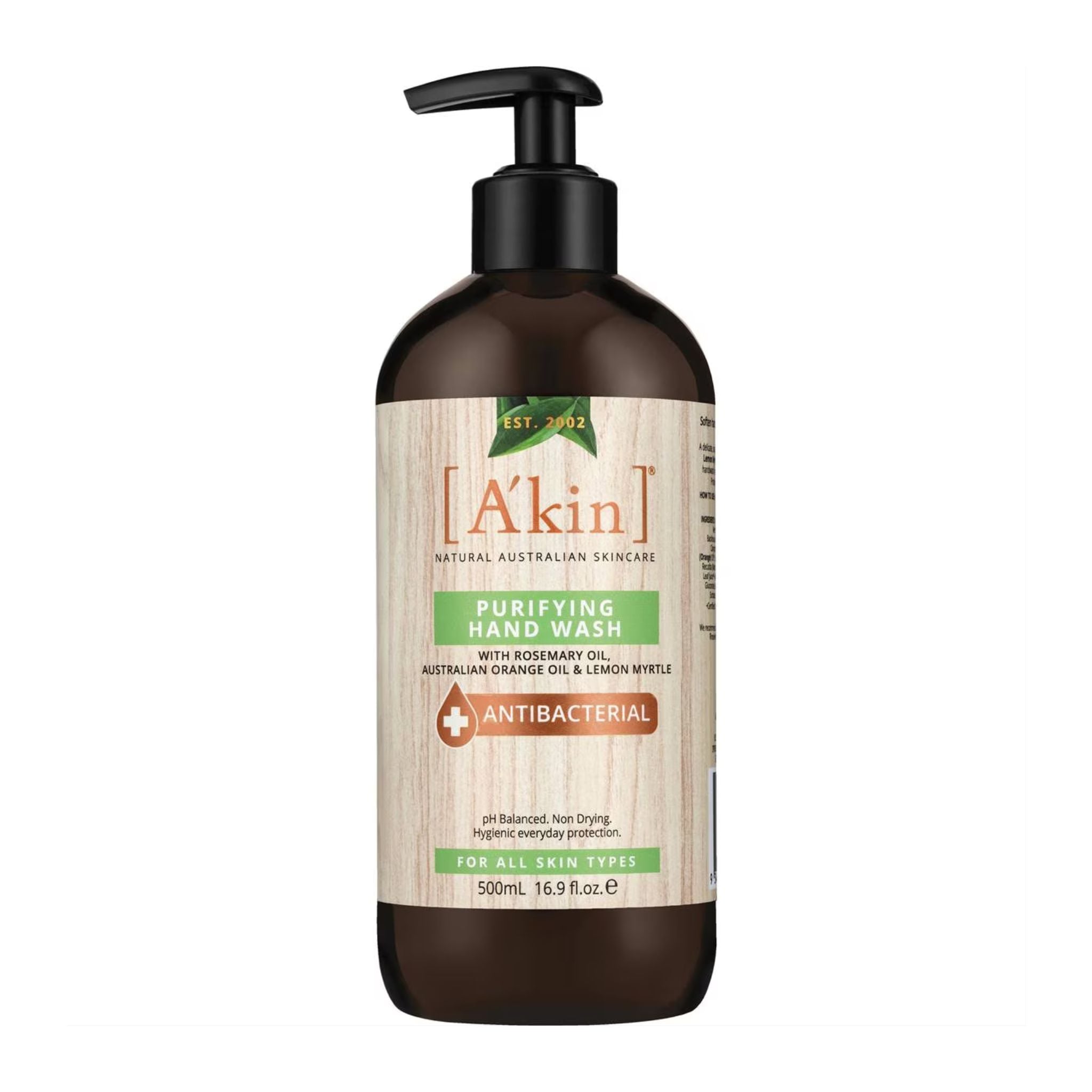 Brown bottle of A'kin Purifying Hand Wash on a white background
