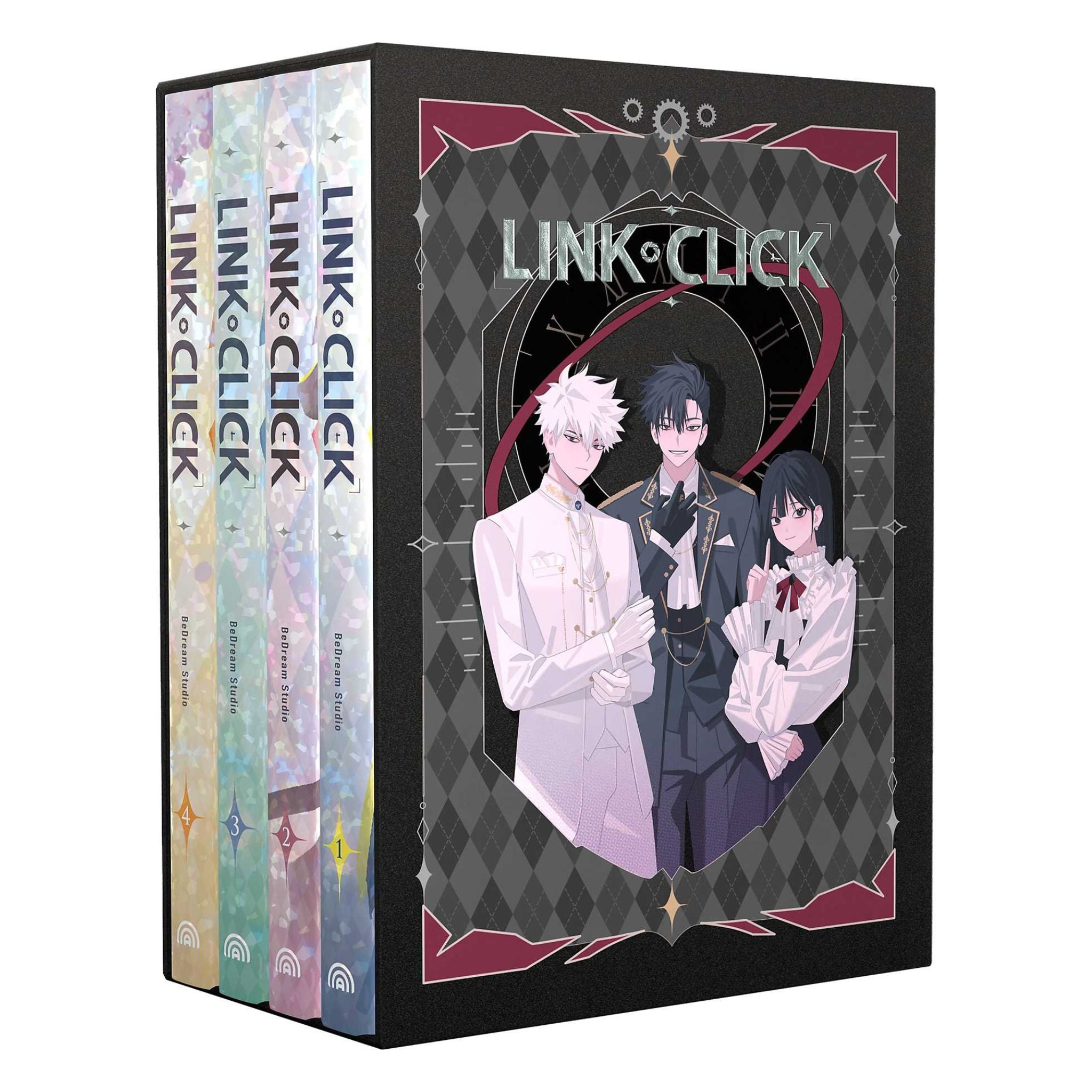 The 'Link: Click' manga box set, featuring four volumes in a matching black hardcover box with colorful pastel spines and an illustrated cover showing three anime-style characters.