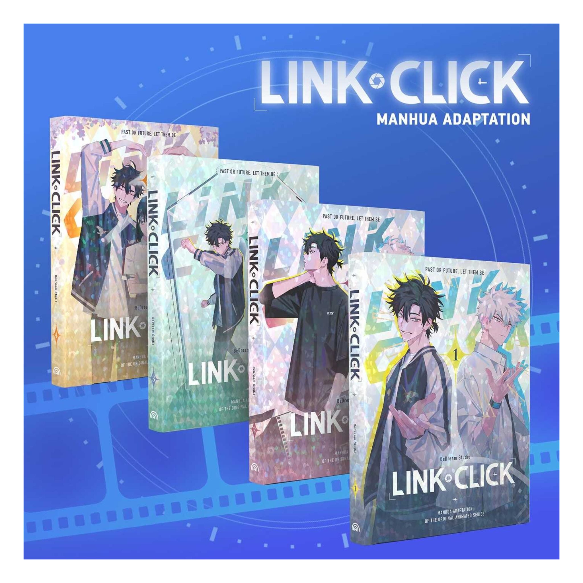 Four boxed volumes of the Link-Click manga adaptation series arranged in a fan-like layout against a blue graphic background with the title 'LINK CLICK' and 'MANHUA ADAPTATION' at the top.