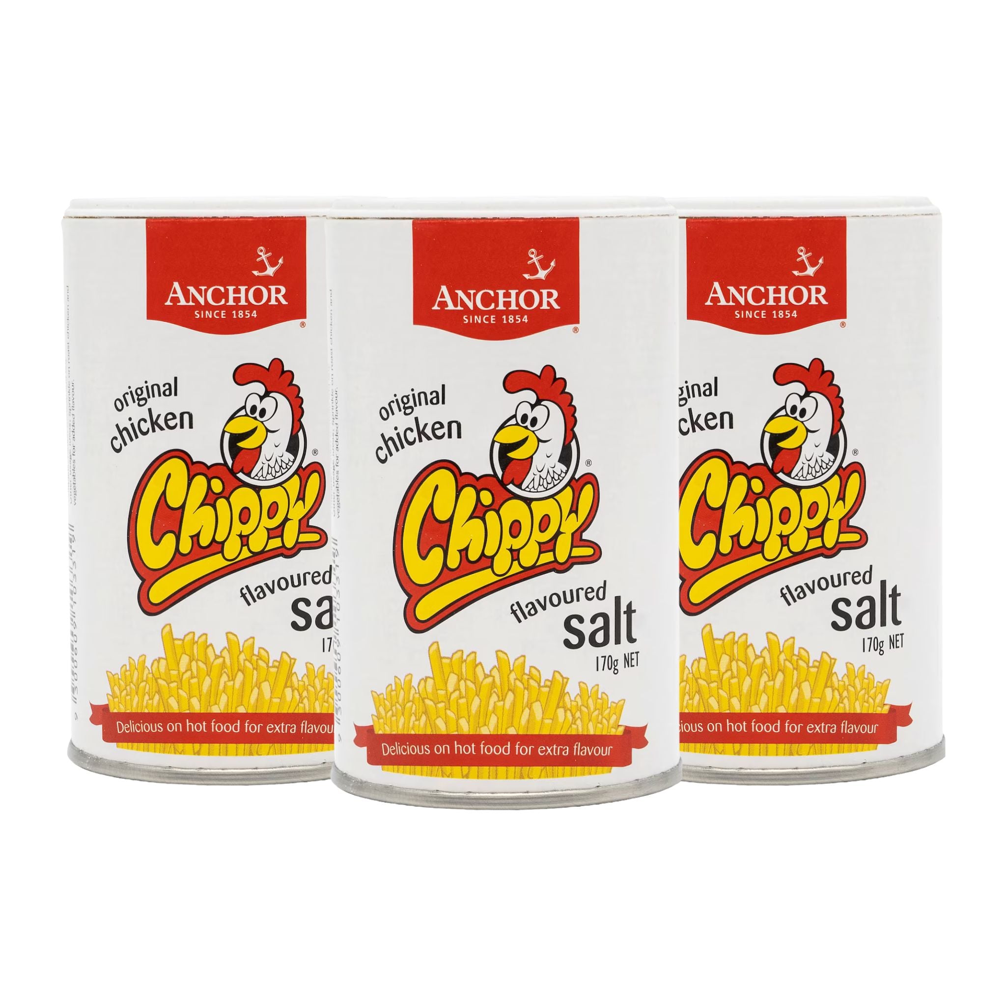 Three tins of Anchor Chippy Original Chicken Flavoured Salt on a white background