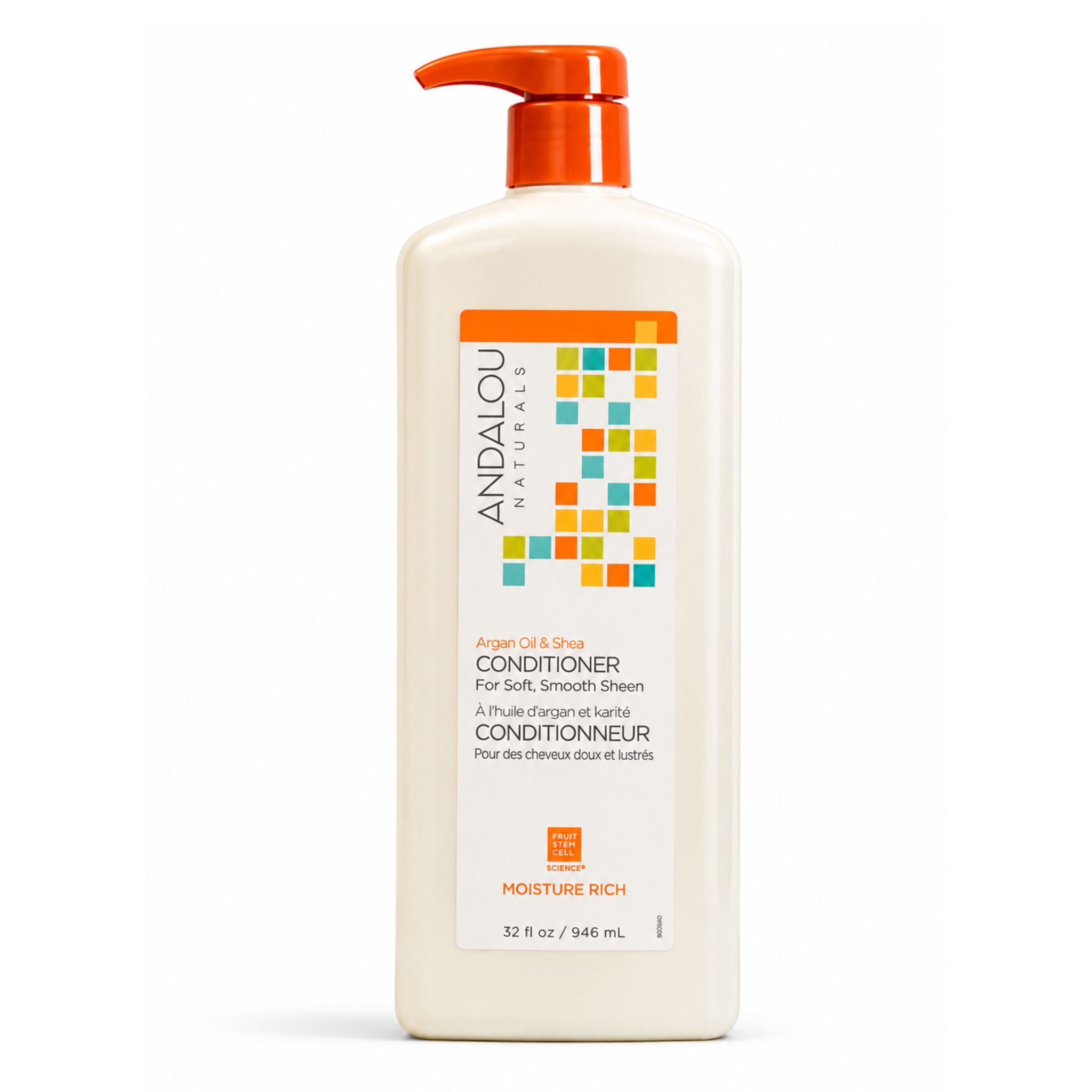 Andalou Naturals Angel Hair Conditioner in a 32 fl oz pump bottle, featuring an off-white body and a bright orange pump dispenser, set against a plain white background.