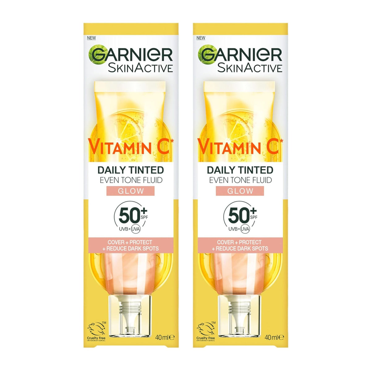 Two bottles of Garnier Vitamin C Daily Tinted Even Tone Fluid on a white background