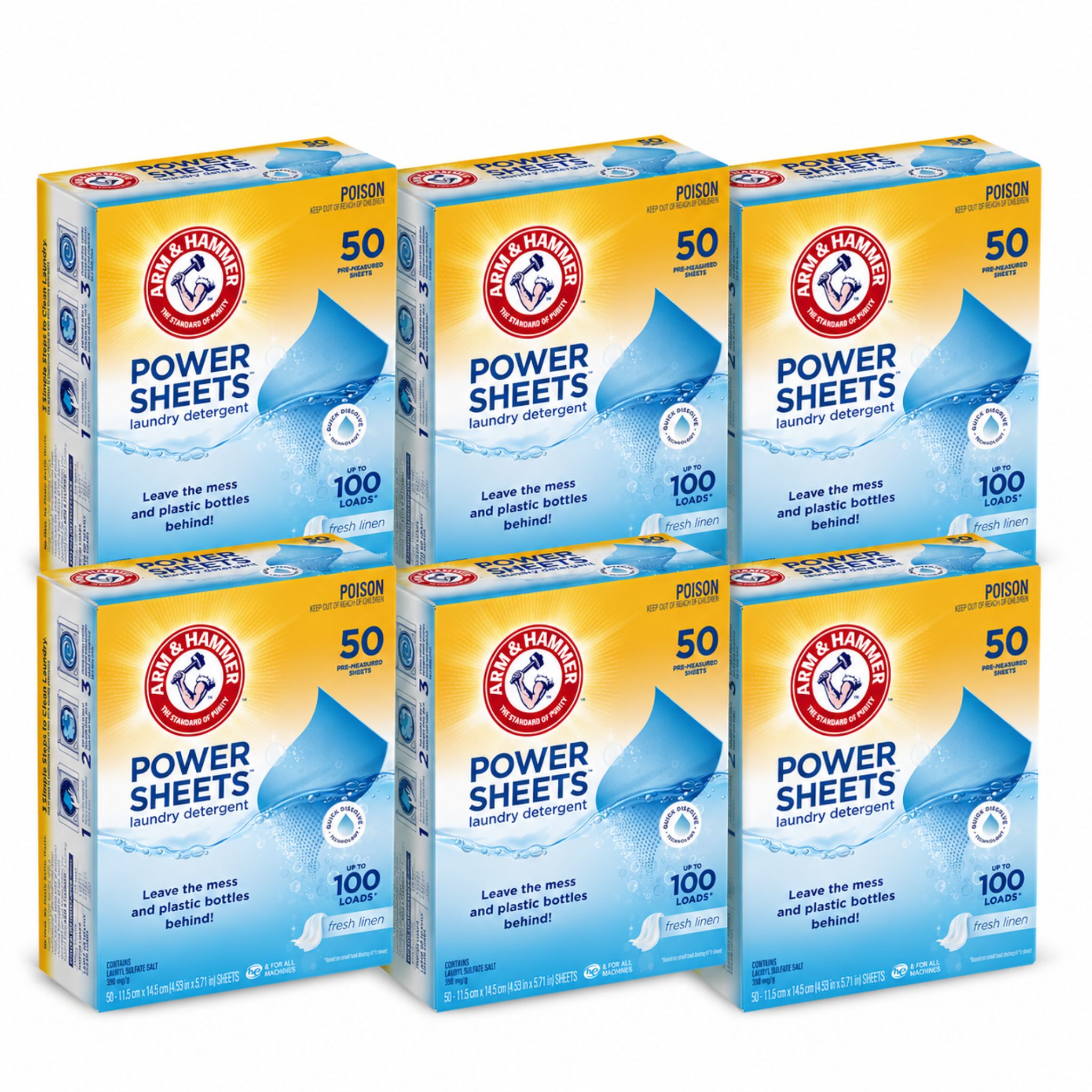 Six boxes of Arm & Hammer Power Sheets laundry detergent on a white background