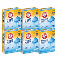 Six boxes of Arm & Hammer Power Sheets laundry detergent on a white background