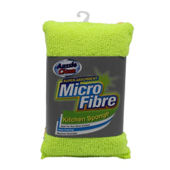 Green micro fibre kitchen sponge with packaging on a white background
