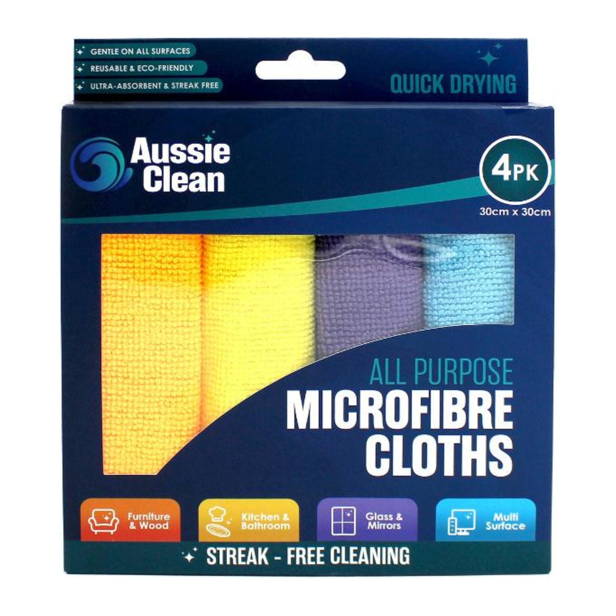 Pack of Aussie Clean all-purpose microfibre cloths with packaging details.