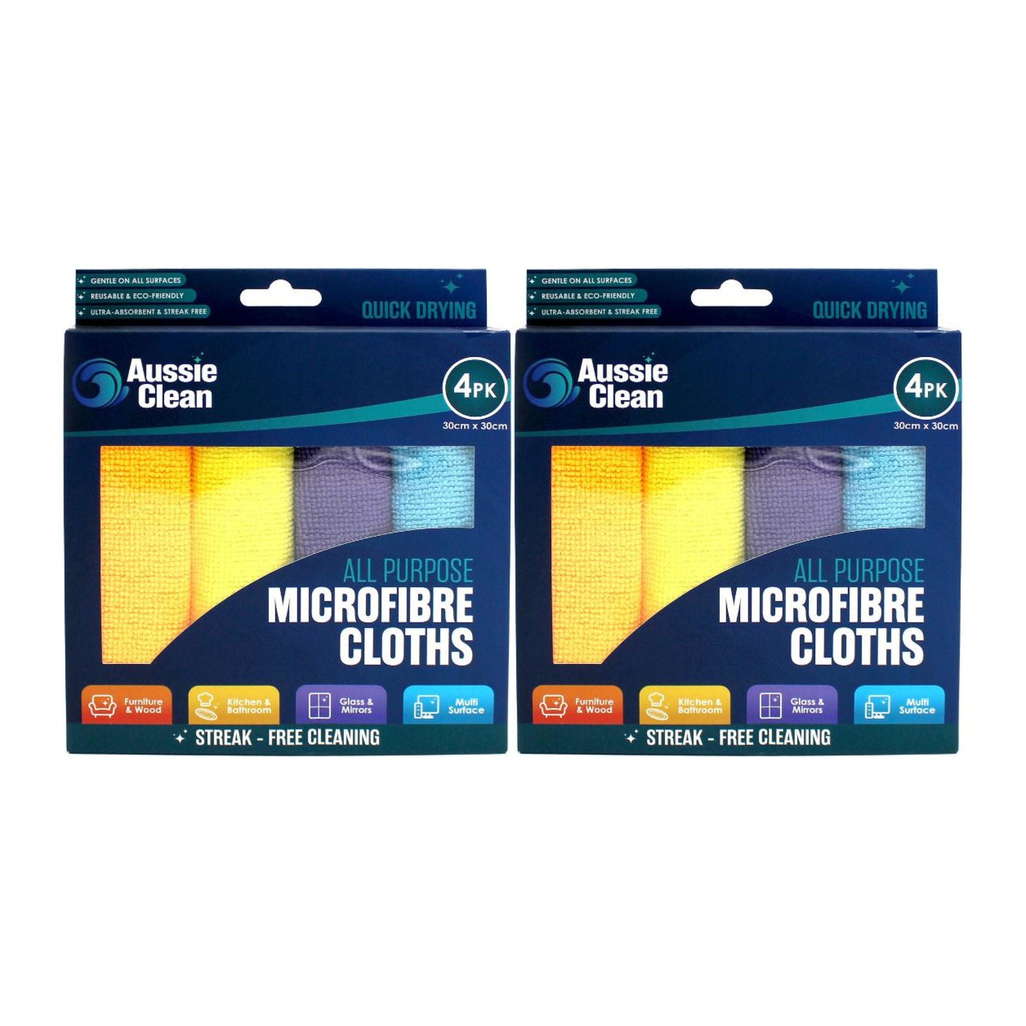 Two packs of Aussie Clean all-purpose microfibre cloths on a white background