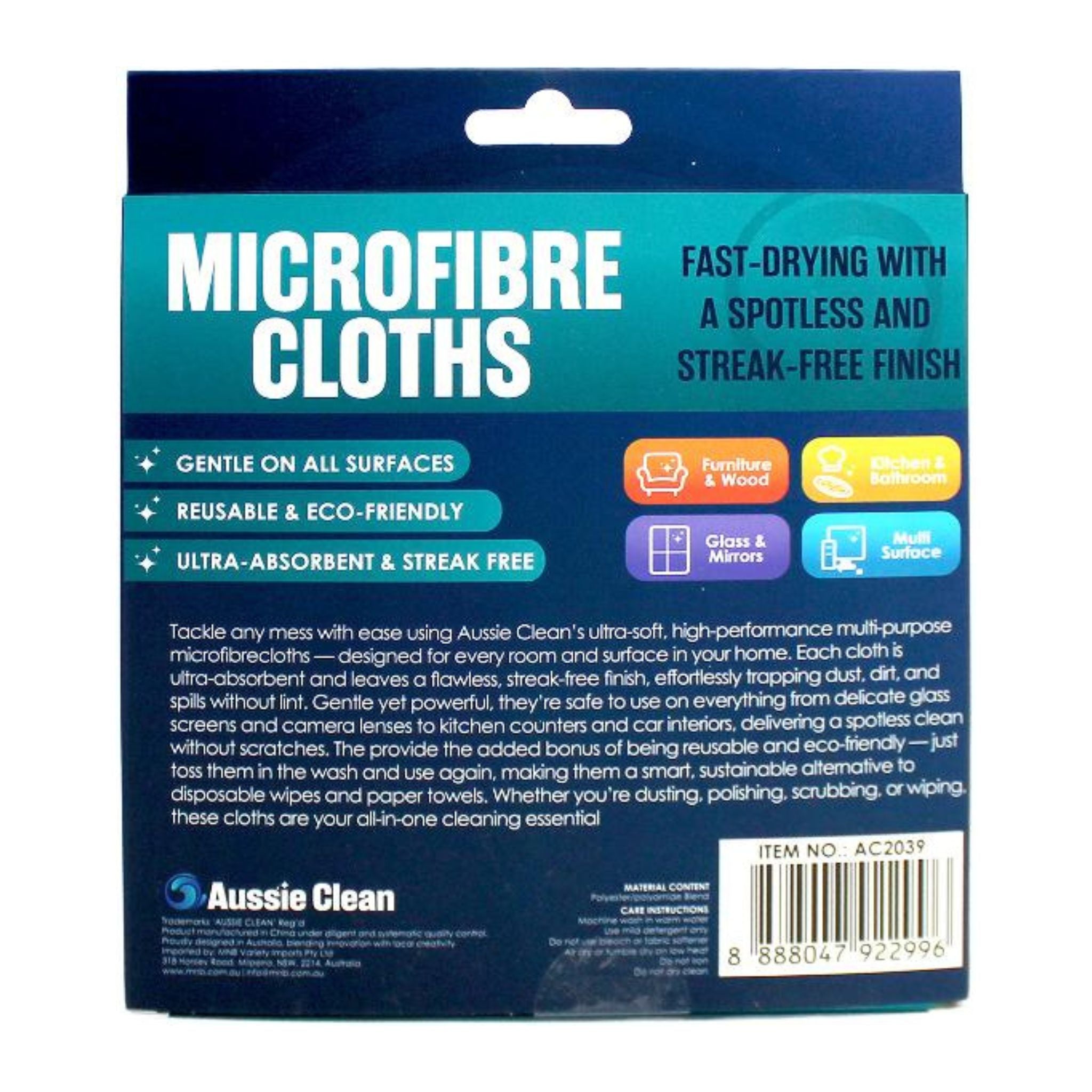 Packaging of Aussie Clean microfibre cloths with text on a white background