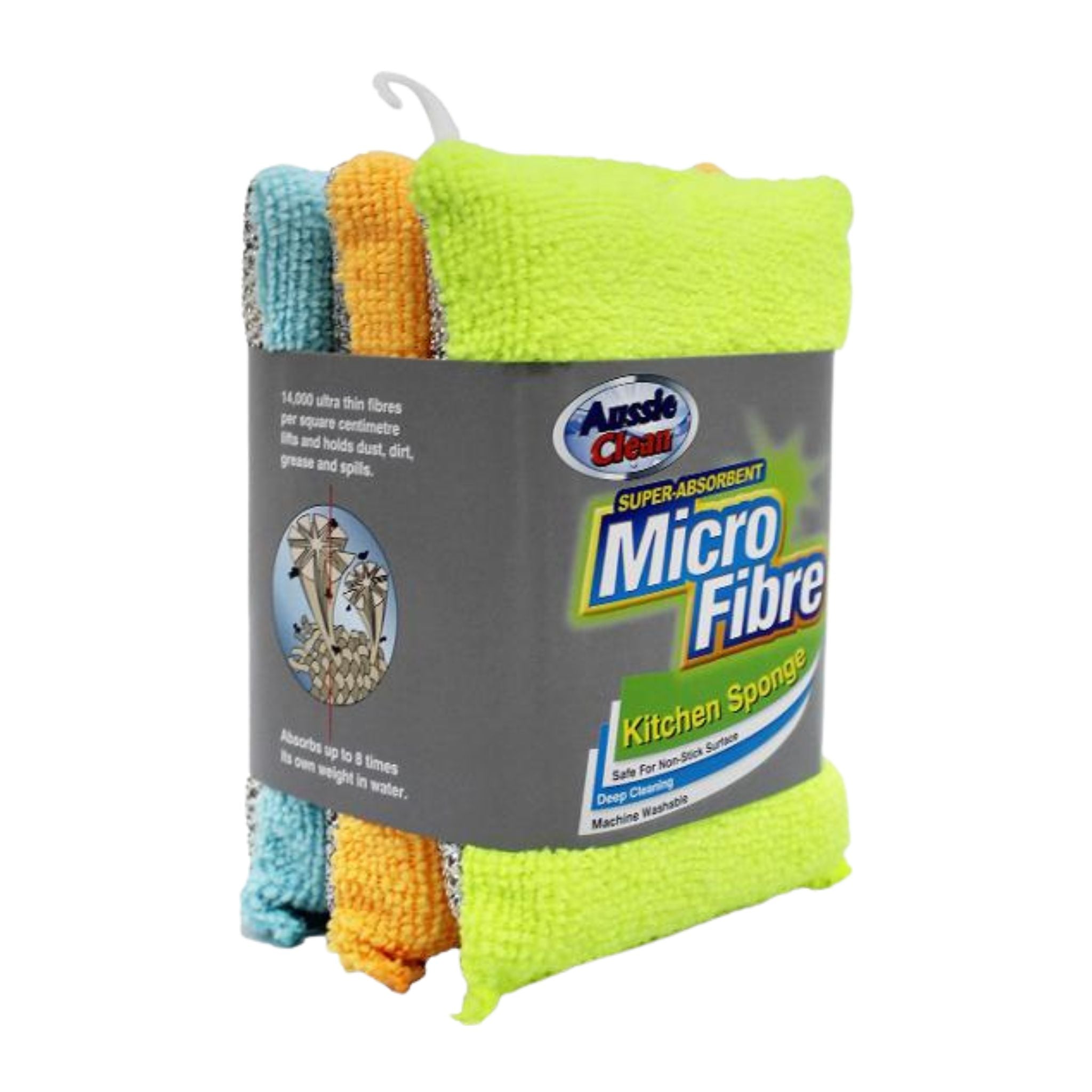 Pack of three microfiber kitchen sponges with packaging on a white background