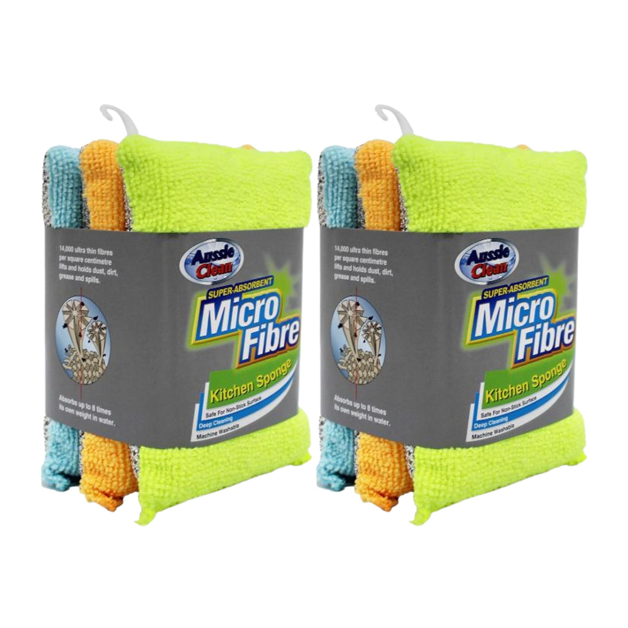 Two packages of Aussie Clean Micro Fibre Kitchen Sponges on a white background