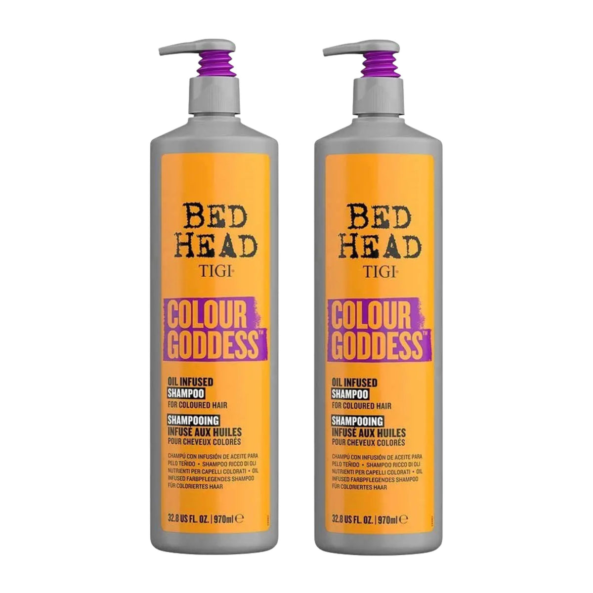 Two bottles of Bed Head TIGI Colour Goddess shampoo, front view, 25.36 fl oz each